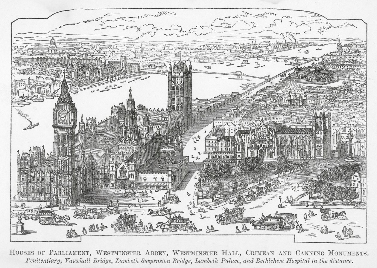 Houses of Parliament, Westminster Abbey, Westminster Hall, Krim- und Canning-Denkmäler (Gravur) von English School