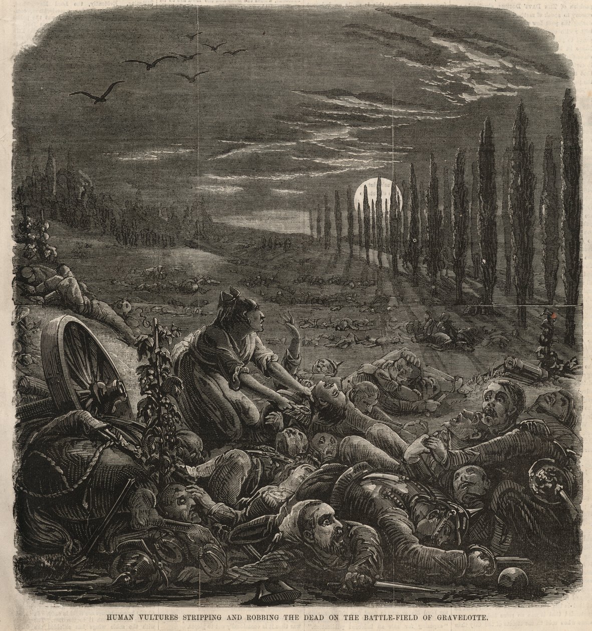 Menschliche Geier plündern und berauben die Toten auf dem Schlachtfeld von Gravelotte (Gravur) von English School
