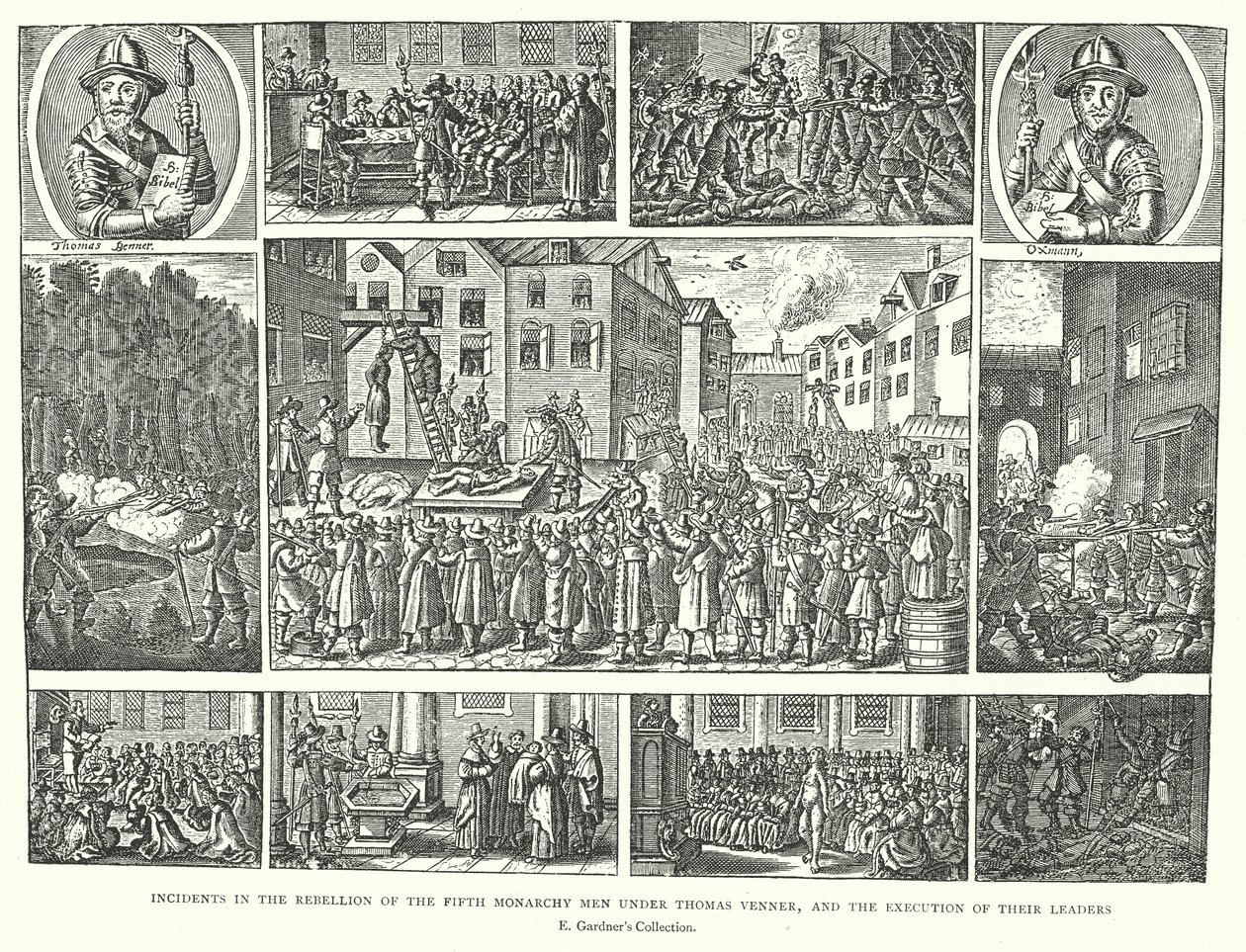 Vorfälle in der Rebellion der Fifth Monarchy Men unter Thomas Venner und die Hinrichtung ihrer Anführer (Gravur) von English School