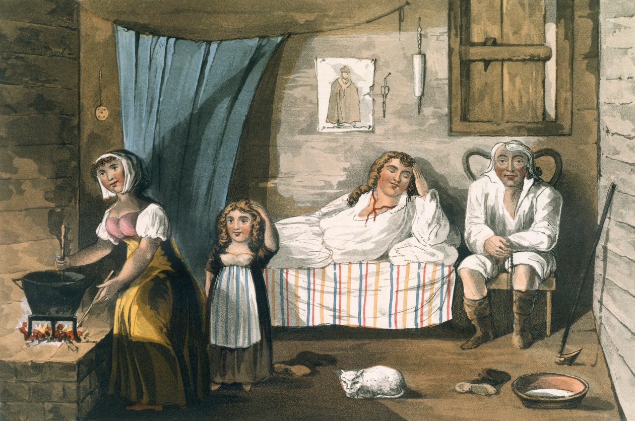 In einer Hütte, aus Eine malerische Tour durch die englischen Seen von T.H. Fielding und J. Walton, veröffentlicht von R. Ackermann, London, 1821 von English School