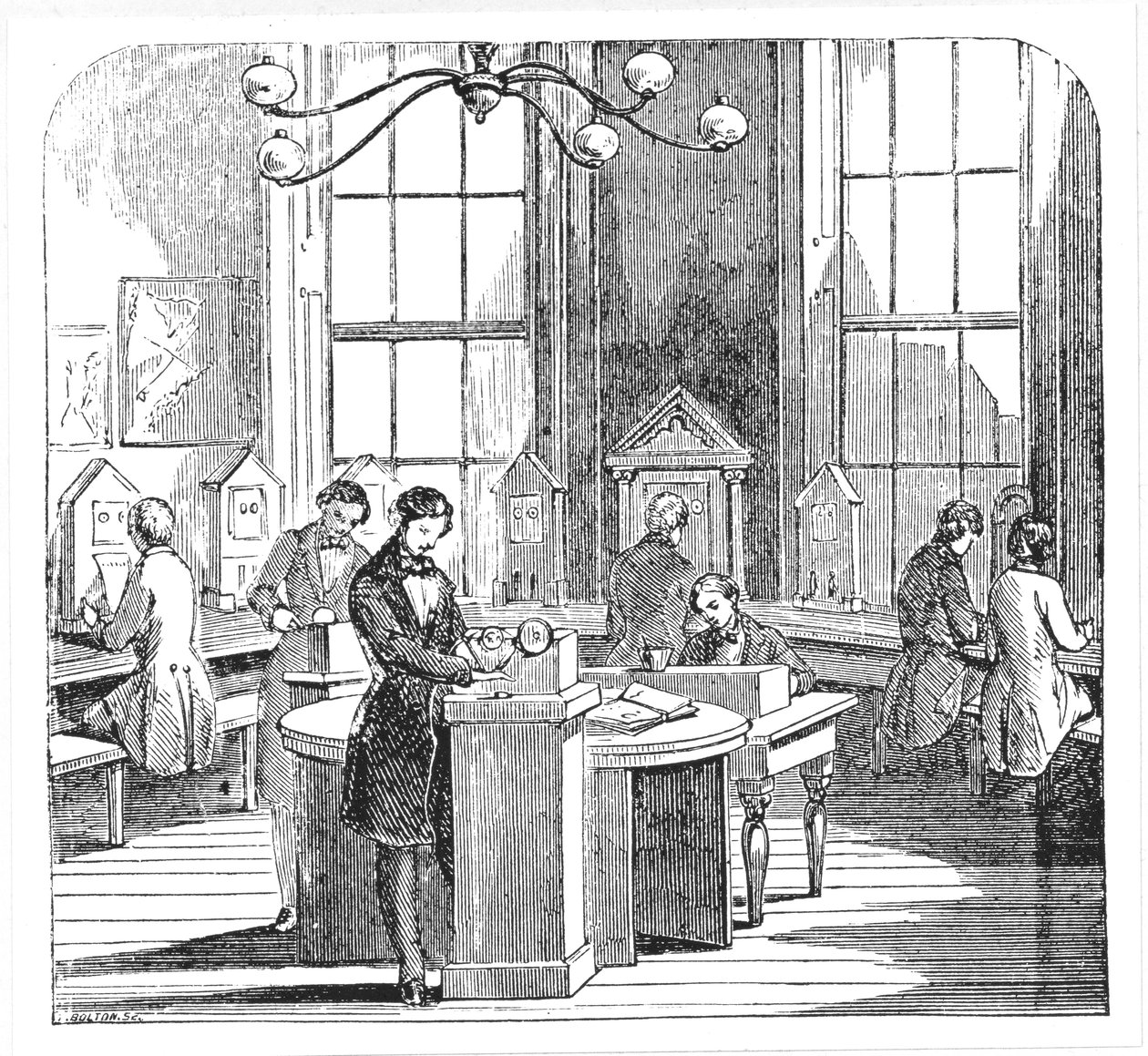 Instrumentenraum im Electric Telegraph Office, Lothbury, London, aus The Museum of Science and Art von Dionysius Lardner, ca. 1860 von English School