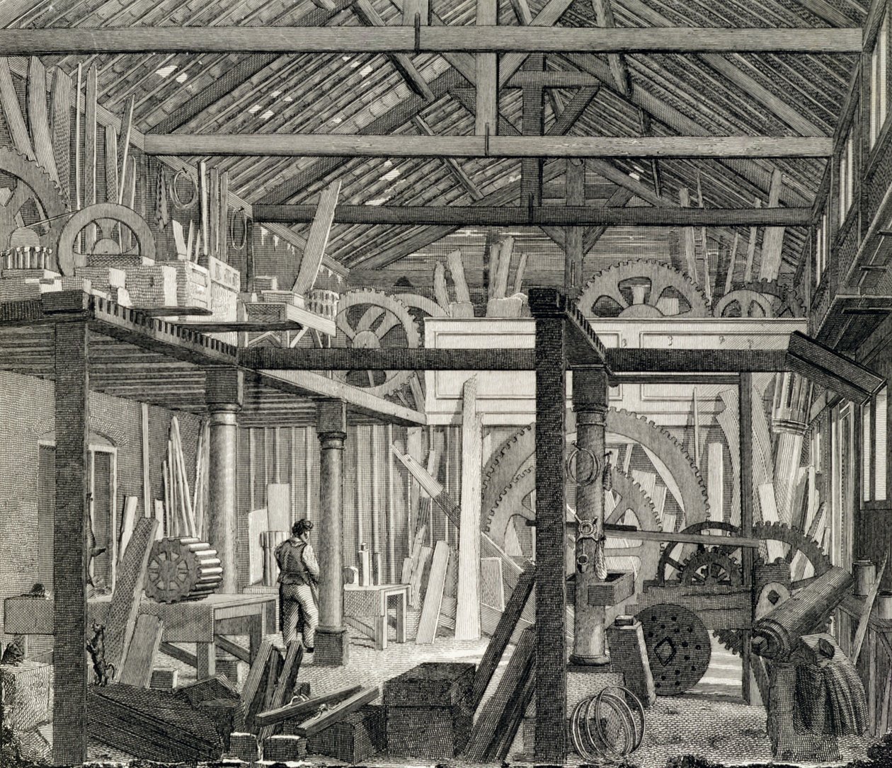 Innenansicht des Versammlungshauses von John Bunyan in der Zoar Street, Gravel Lane, Southwark, genutzt als Werkstatt und Sägewerk, ca. 1822 von English School