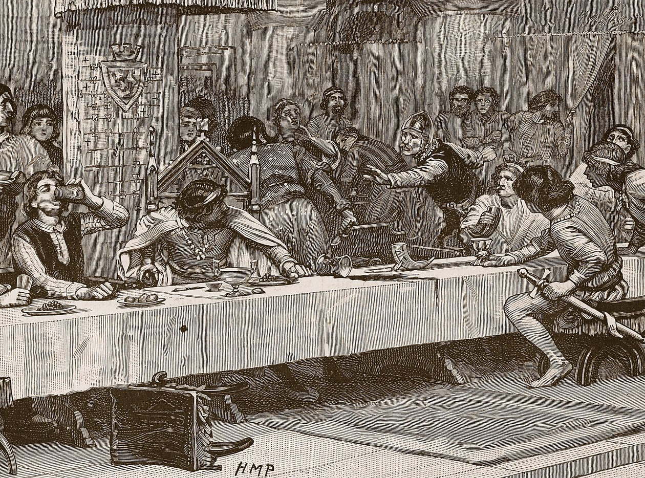 Unterbrechung des Weihnachtsessens von Balliol, Illustration aus Cassells Illustrierter Geschichte Englands von English School