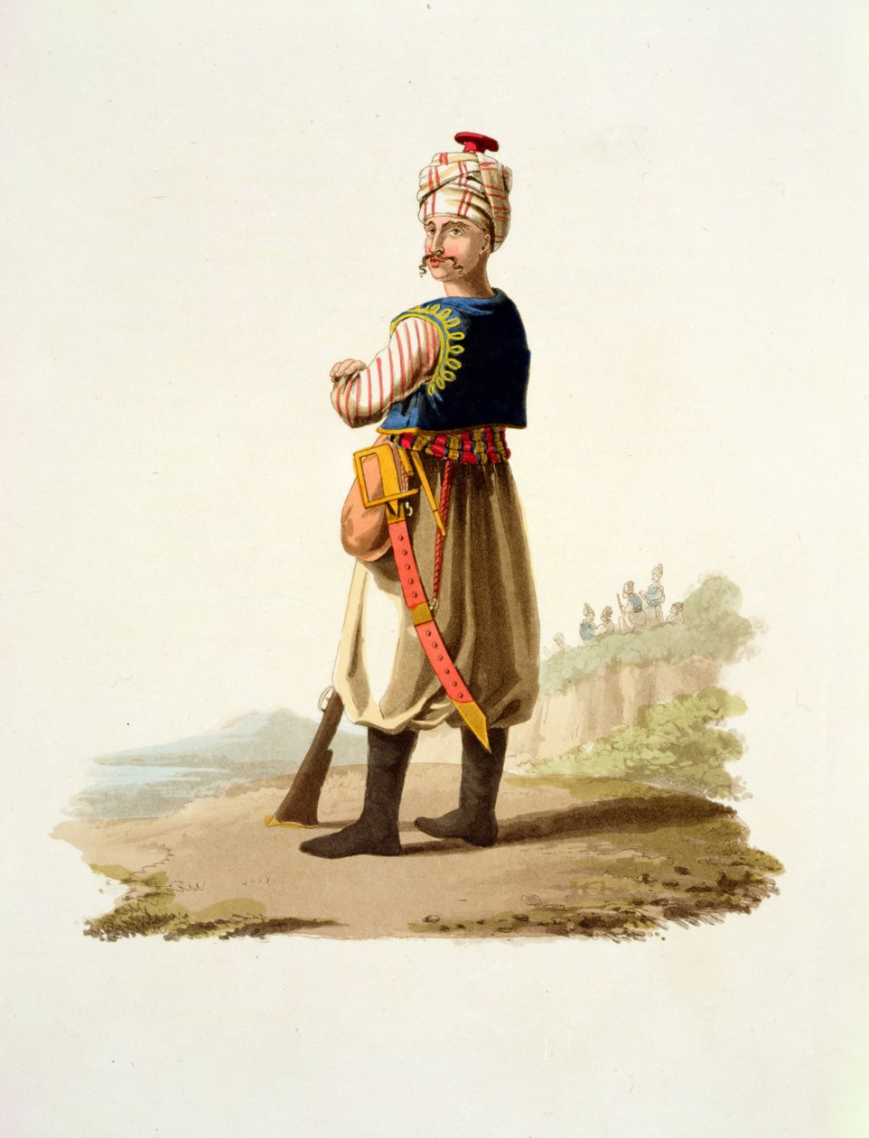 Janitschar, aus Kostüme der verschiedenen Nationen, Band VII, Die Militäruniform der Türkei, von Thomas MacLean, veröffentlicht ca. 1800-18 von English School