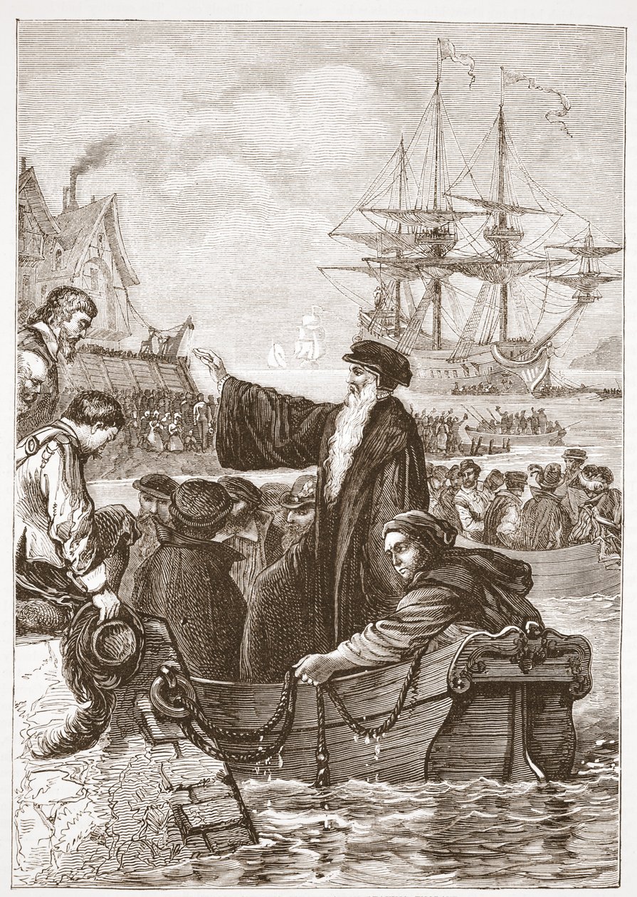 John Alasco und seine Gemeinde verlassen England, Illustration aus The History of Protestantism von James Aitken Wylie, veröffentlicht 1878 von English School