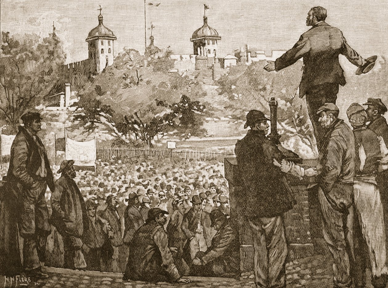 John Burns spricht zu einer Versammlung von Hafenarbeitern am Tower Hill, 1889, Illustration aus Cassells Illustrierter Geschichte Englands von English School