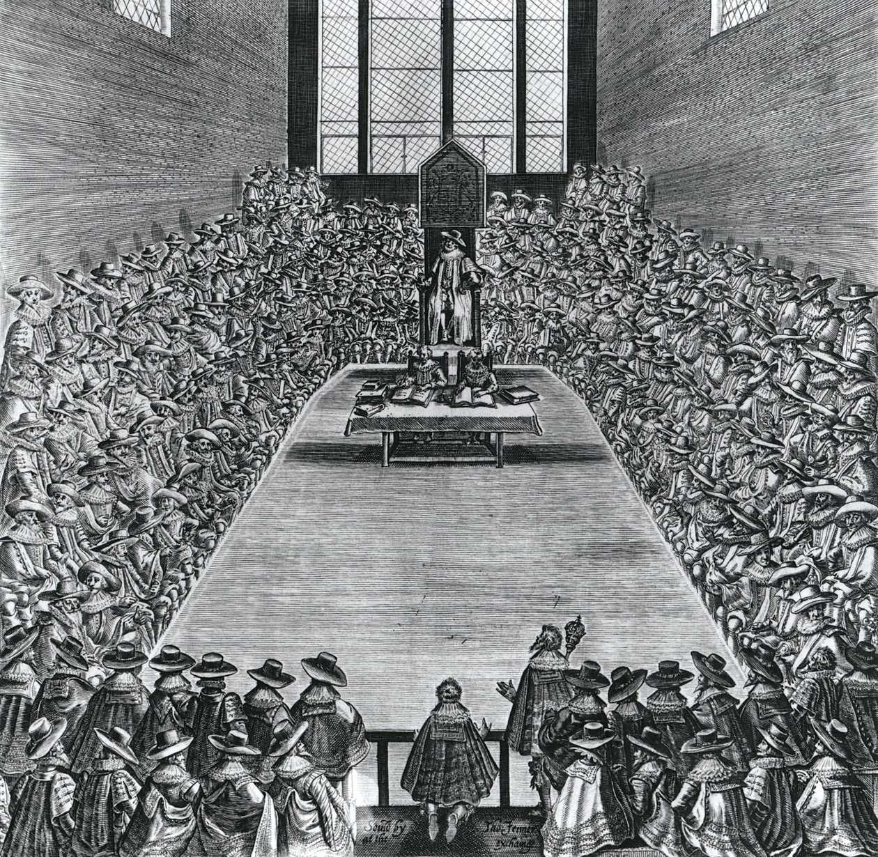 König James I (1566-1625) im Parlament, 1624 von English School