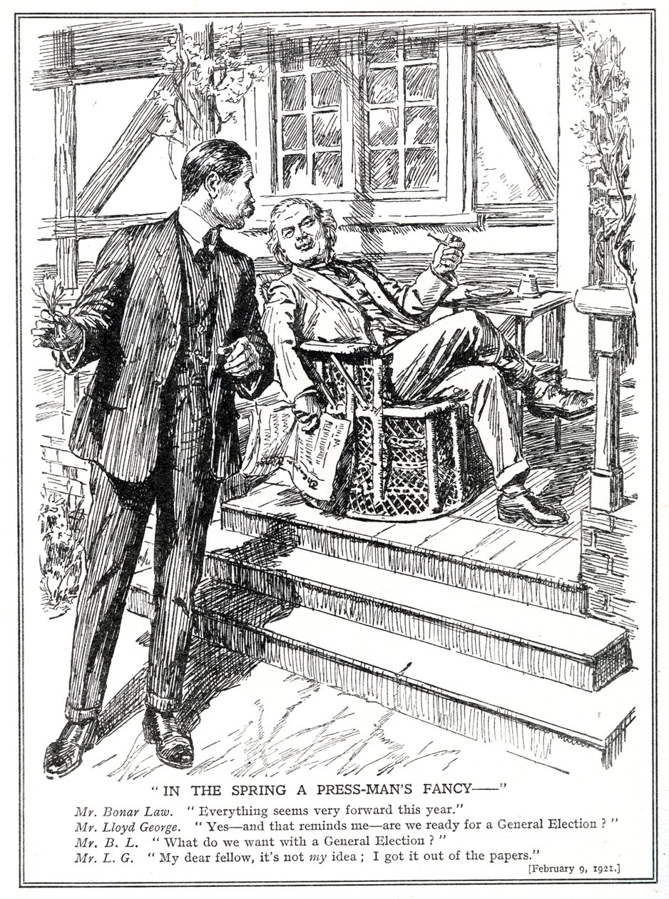 LLoyd George und Bonar Law diskutieren die Aussicht auf eine allgemeine Wahl, Februar 1920 von English School