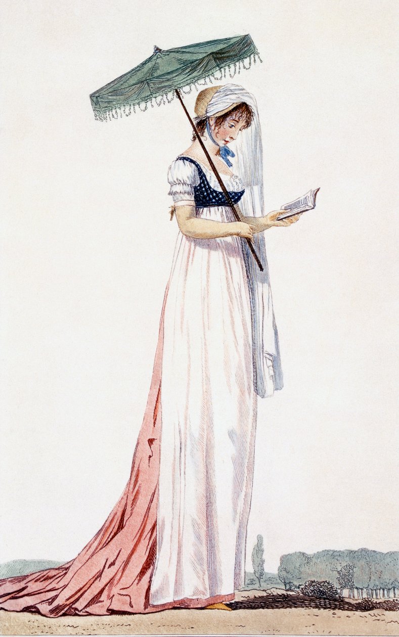 Elegantes Sommerkleid für Damen mit Sonnenschirm, von Delacourt, 1770 (Farbstich) von English School