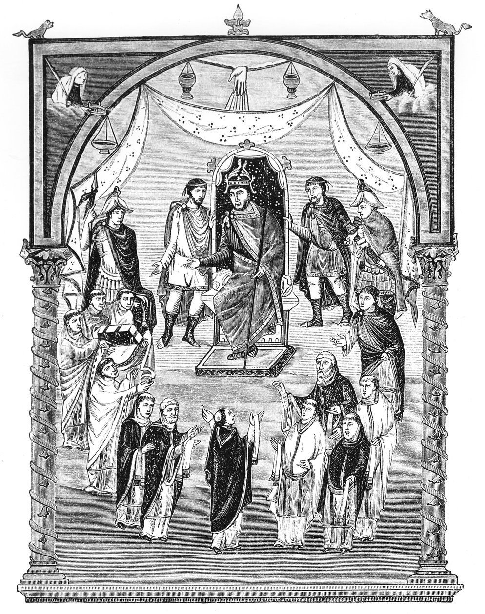 Lat 1 f.423r Karl der Kahle, König von Frankreich (823-77) auf dem Thron, in Auftrag gegeben von Abt Vivian aus dem Kloster St. Martin in Tours, aus der Ersten Bibel von Karl dem Kahlen, 843-51, Illustration von English School