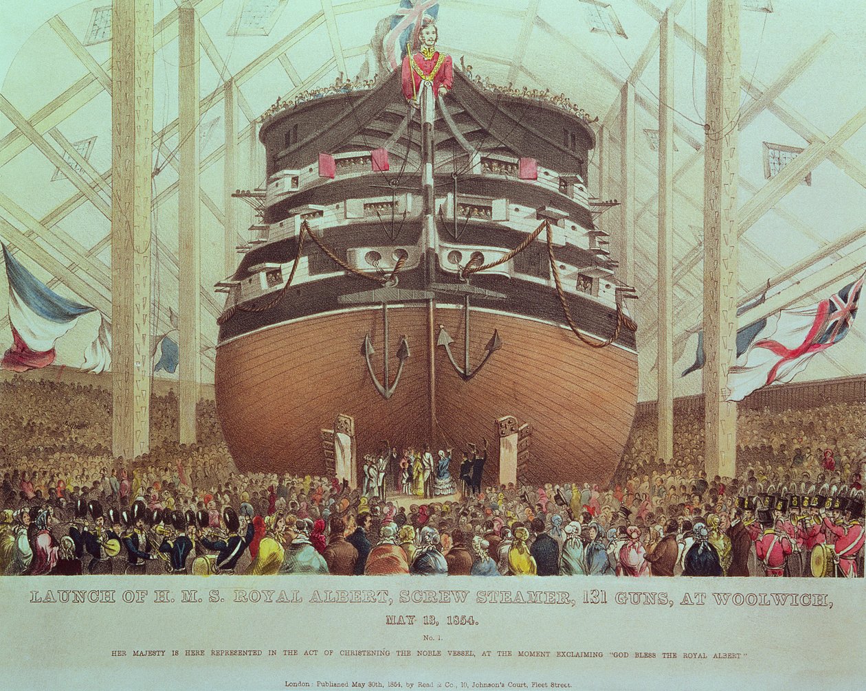 Stapellauf der H.M.S. Royal Albert, Schraubendampfer, 131 Kanonen, in Woolwich, 13. Mai 1854 von English School