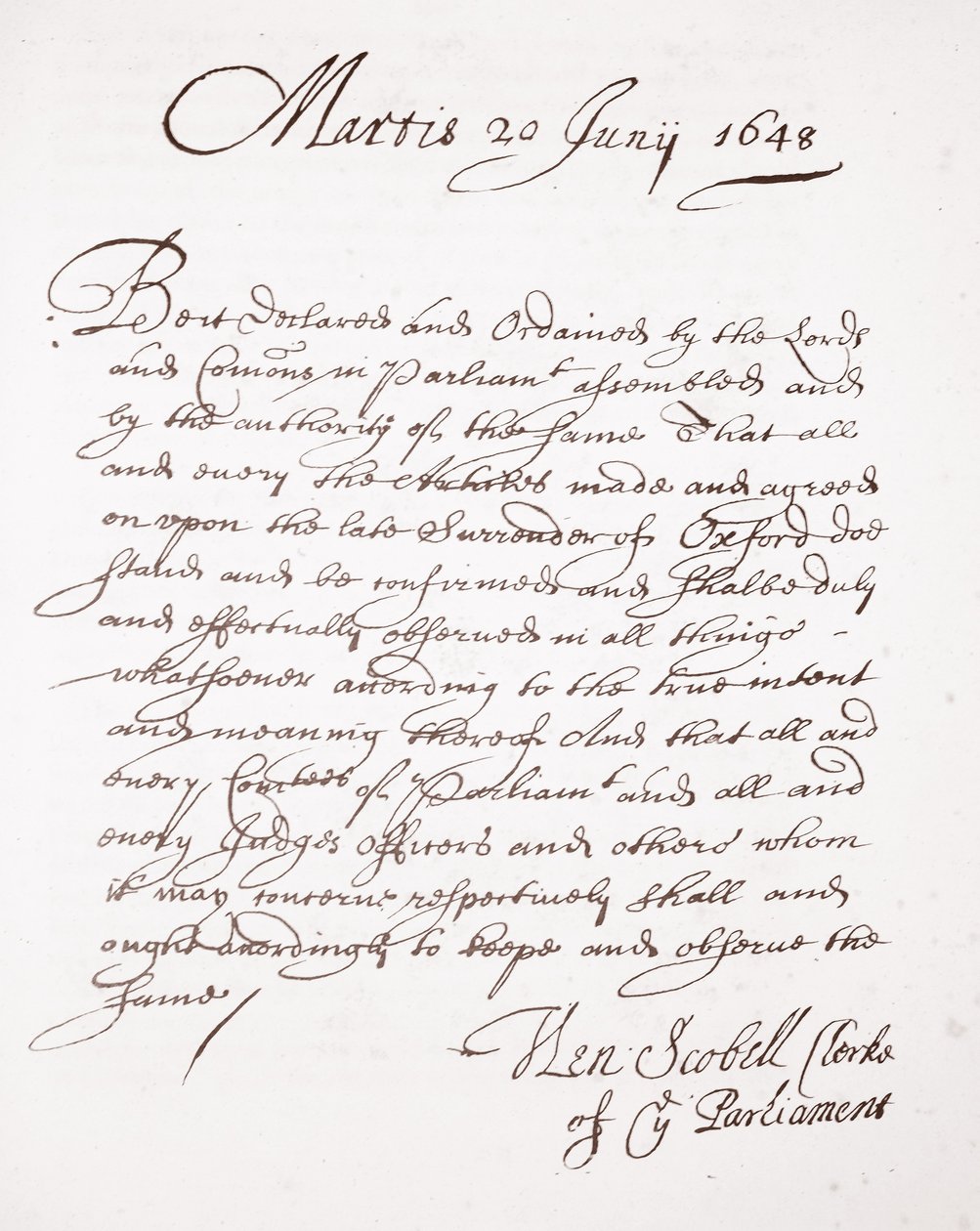 Brief von Henry Scobell, 20. Juni 1648 von English School