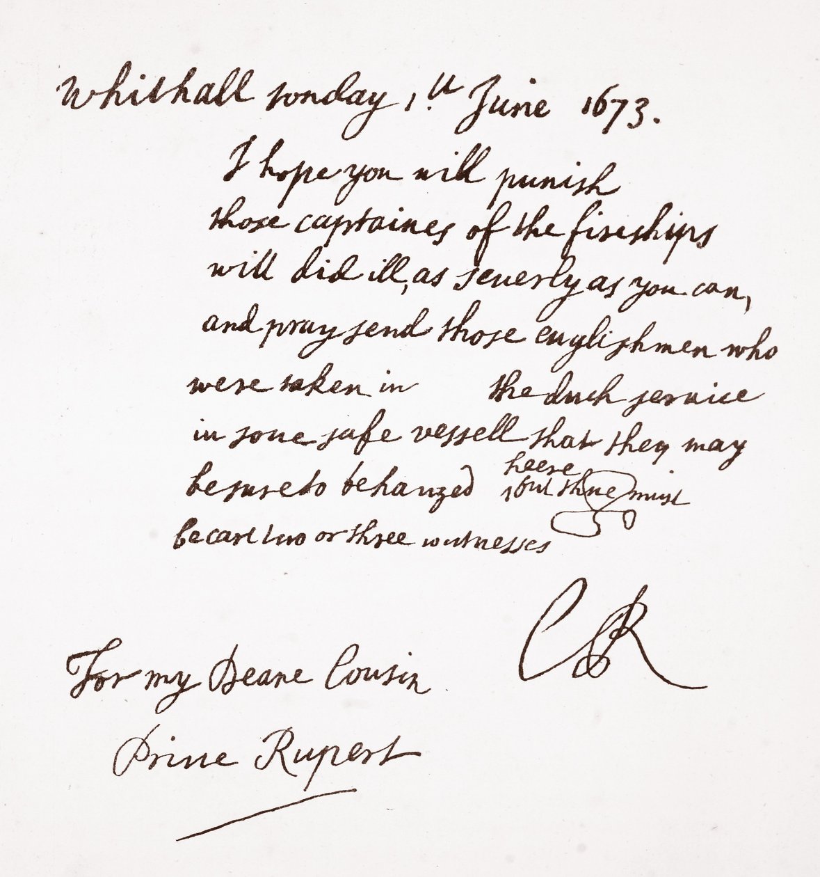 Brief von Charles II. an Prinz Rupert, 1. Juni 1673 von English School