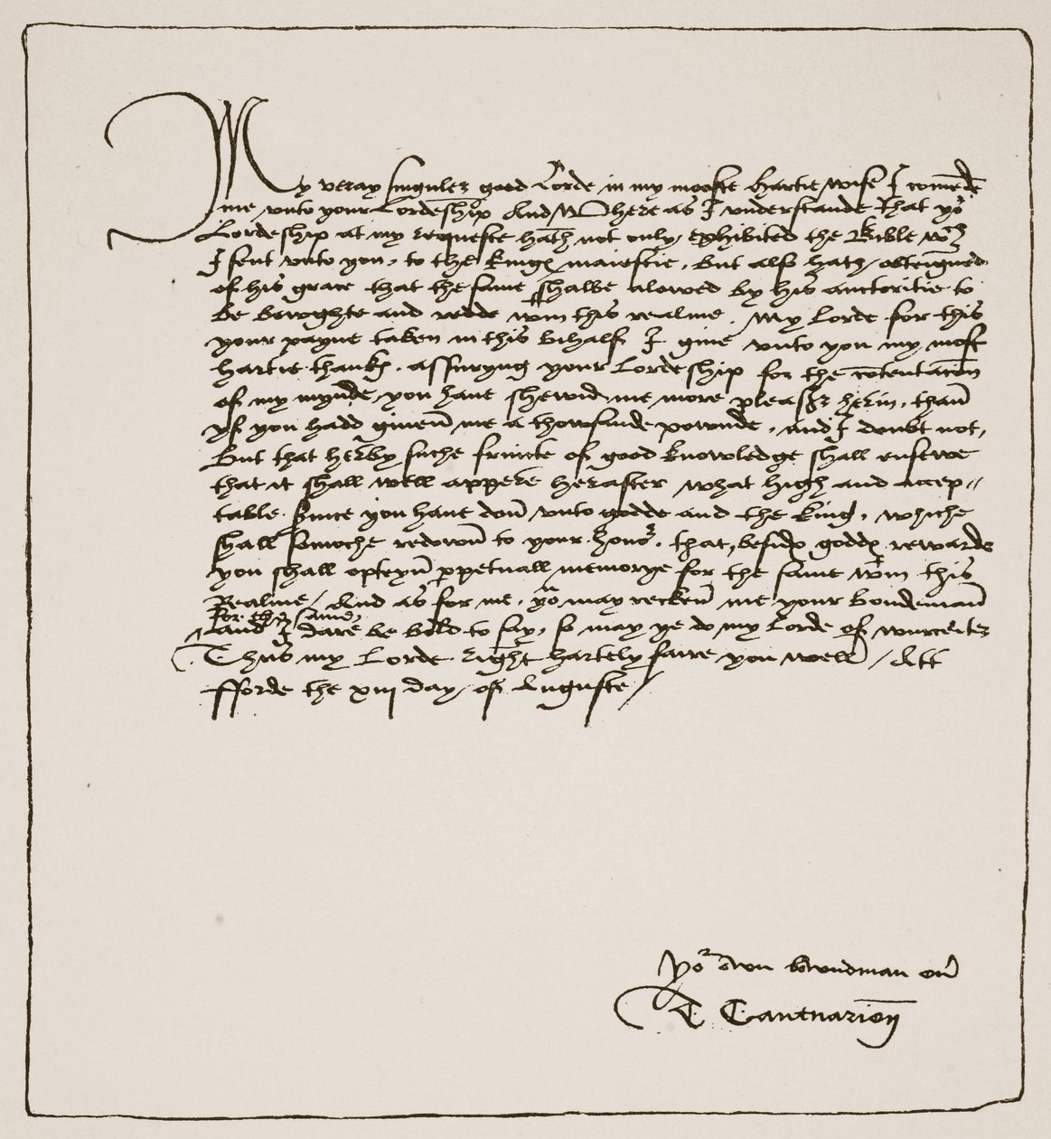 Brief von Cranmer an Cromwell, in dem er ihm für die Erlangung der königlichen Autorität für Matthews englische Bibel dankt, 1537, aus Die Kirche von England: Eine Geschichte für das Volk von H.D.M. Spence-Jones, veröffentlicht um 1910 von English School