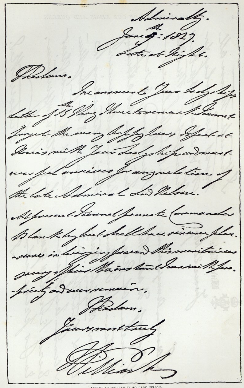 Brief von Wilhelm IV. an Lady Nelson, 1827, veröffentlicht in 