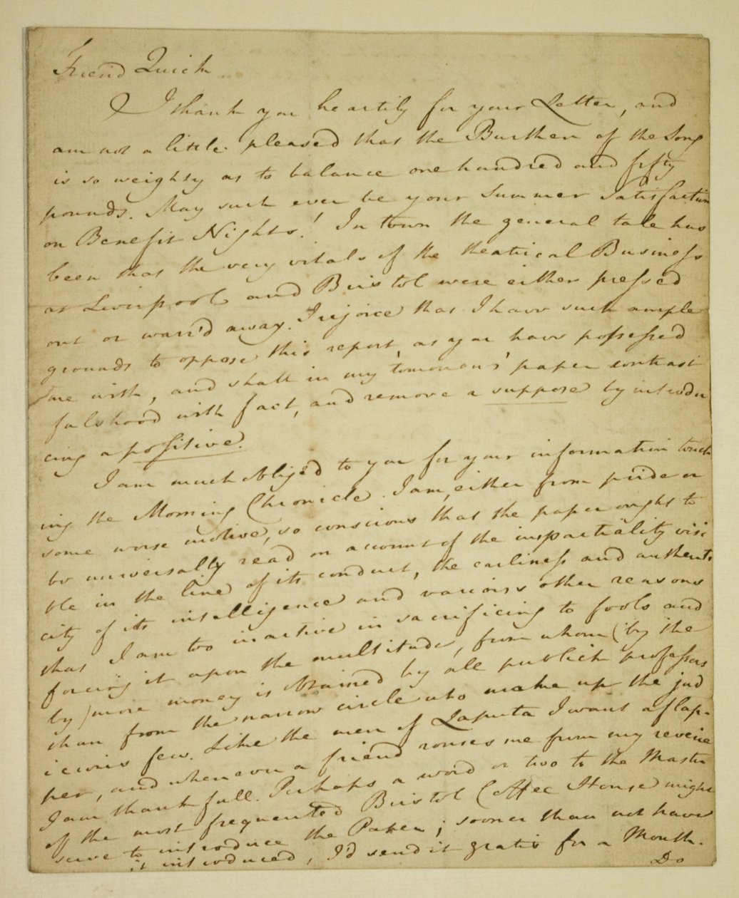 Brief von William Woodfall (1746-1803) an den Schauspieler John Quick (1748-1831) bezüglich der positiven Kritiken von John Henderson im Haymarket von English School