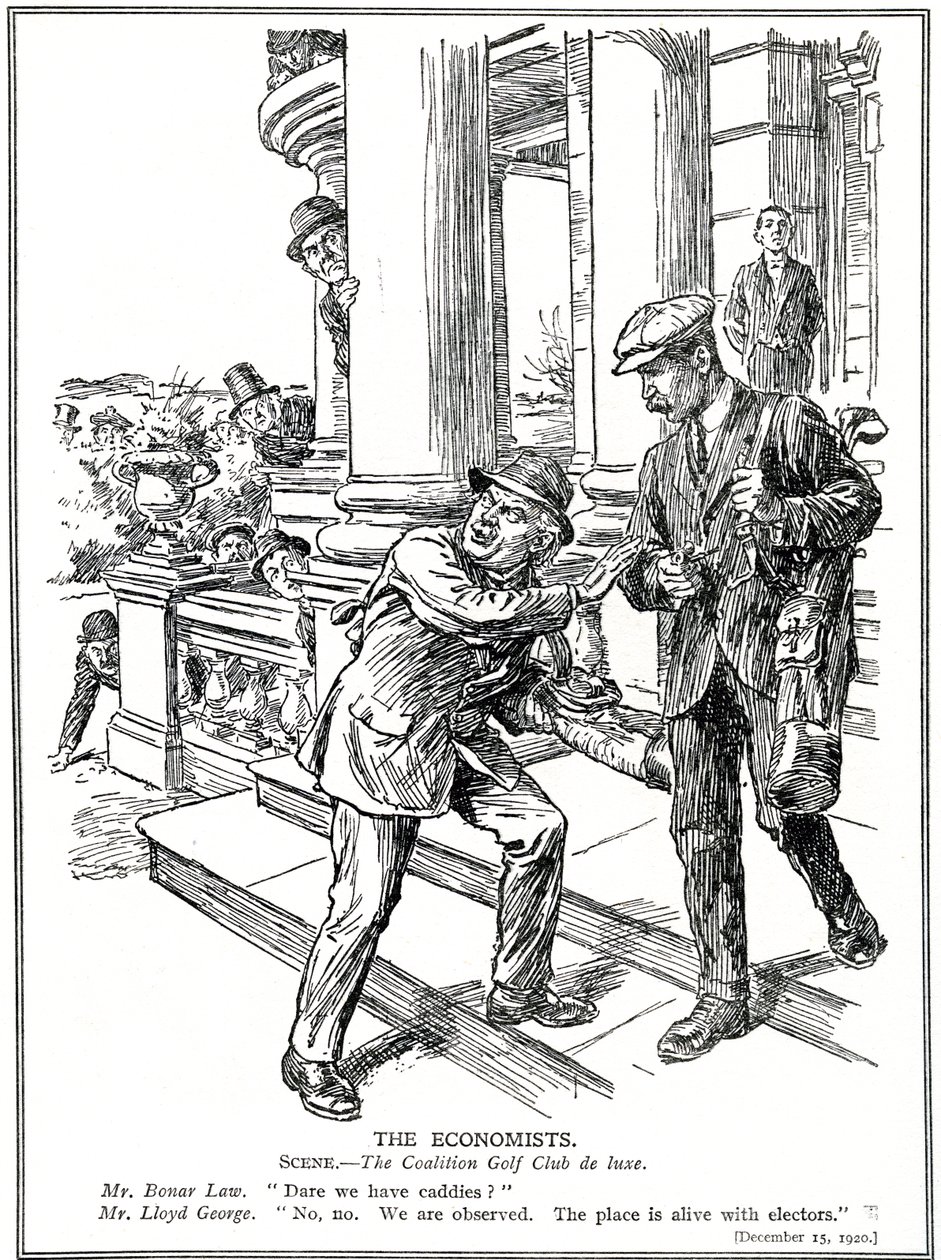 Lloyd George und Bonar Law im Koalitions-Golfclub, aus Angst vor der Anti-Waste-Liga müssen sie auf den Luxus von Caddies verzichten, Dezember 1920 von English School