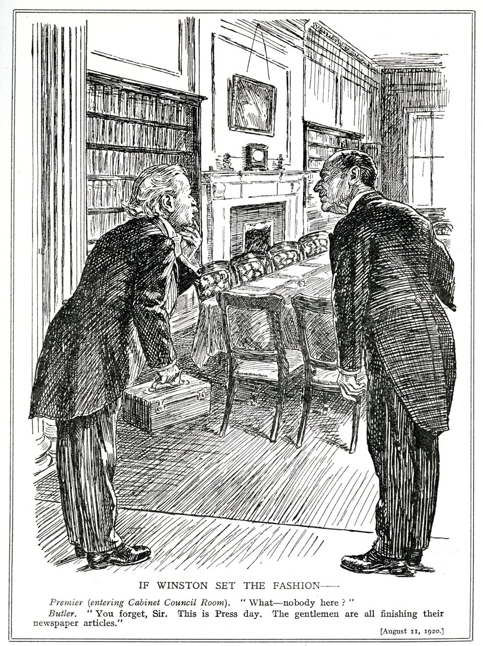 Lloyd George betritt einen Kabinettsraum ohne Minister, die damit beschäftigt sind, Artikel für die Zeitungen zu schreiben, August 1920 von English School