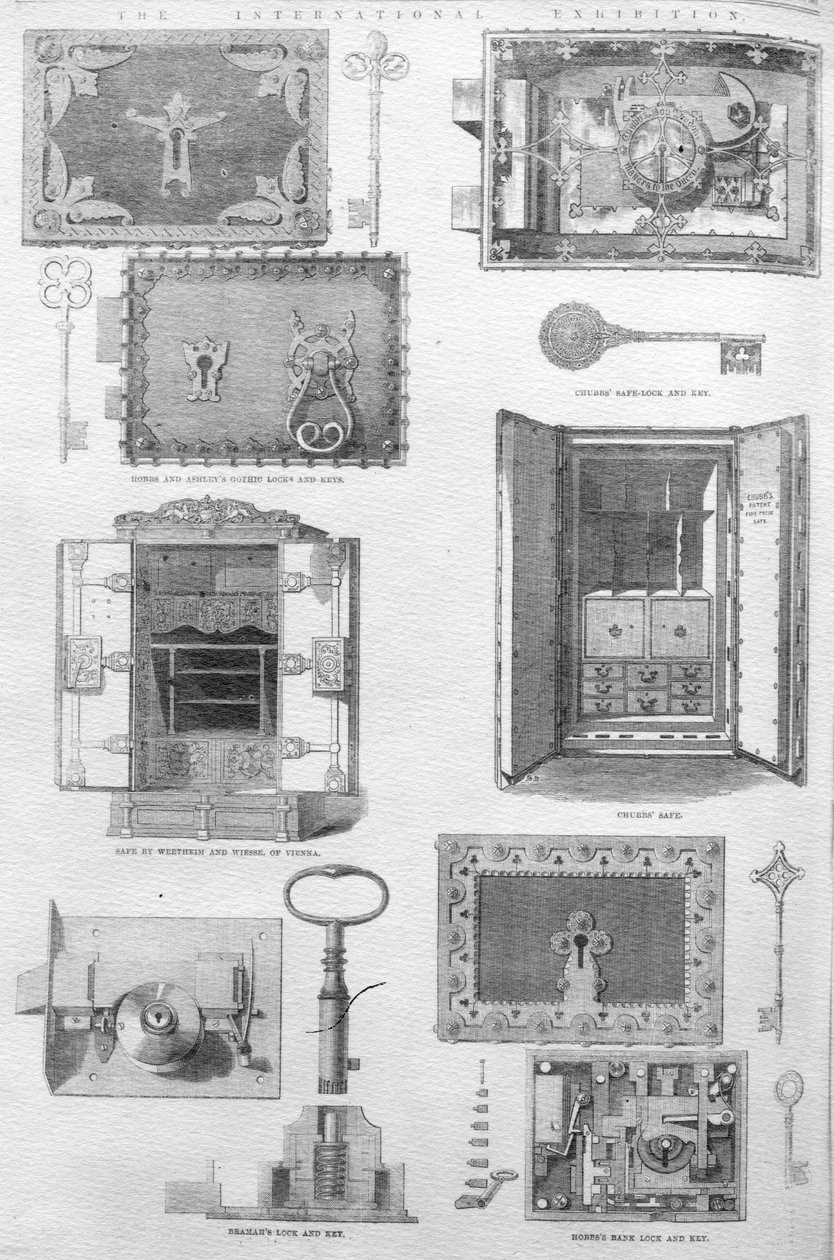 Schlösser und Tresore auf der Great Exhibition von 1862, Illustration aus The Illustrated London News, 15. November 1862 von English School