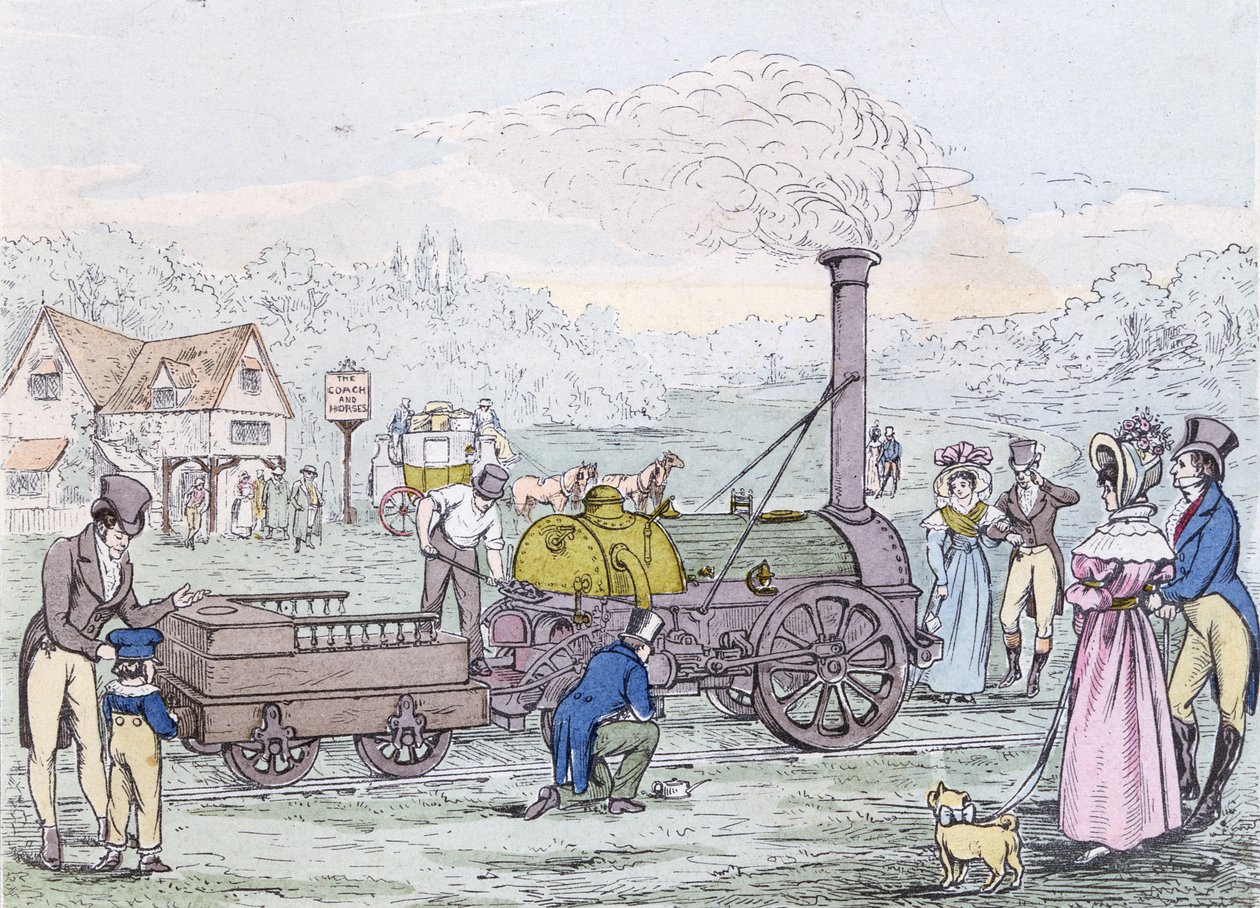 Lokomotivmaschine, die Rocket im Jahr 1830, gebaut von George Stephenson (1781-1848) (Aquatinta) von English School