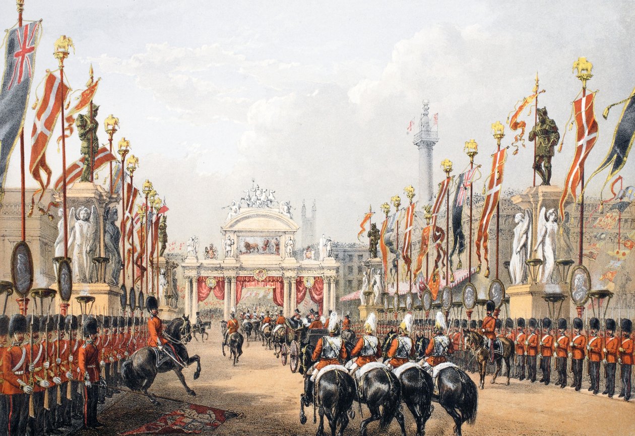London Bridge, bewacht von der Honourable Artillery Company of London, aus Ein Gedenkbuch zur Hochzeit von Edward VII. und Alexandra von Dänemark, veröffentlicht 1864 von English School