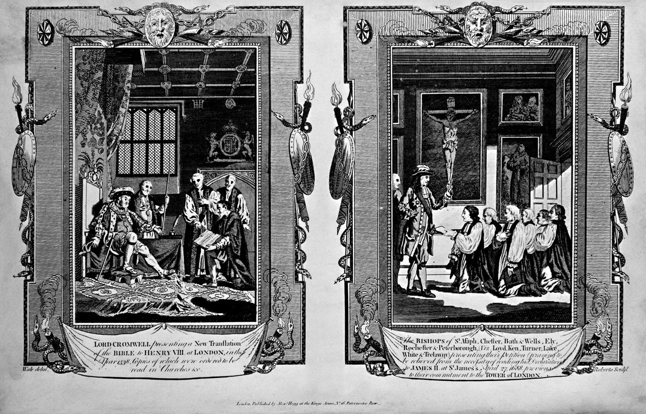 Lord Cromwell überreicht die Bibel an Heinrich VIII. und Bischöfe überreichen Petition an Jakob II. im Jahr 1688, aus 