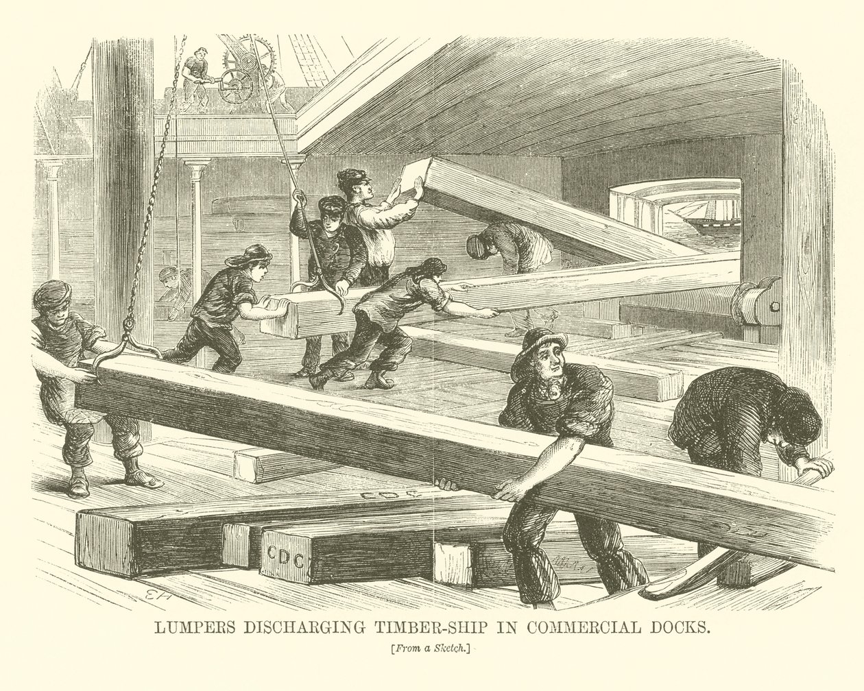 Lumpers entladen Holzschiff in den Handelshäfen (Gravur) von English School