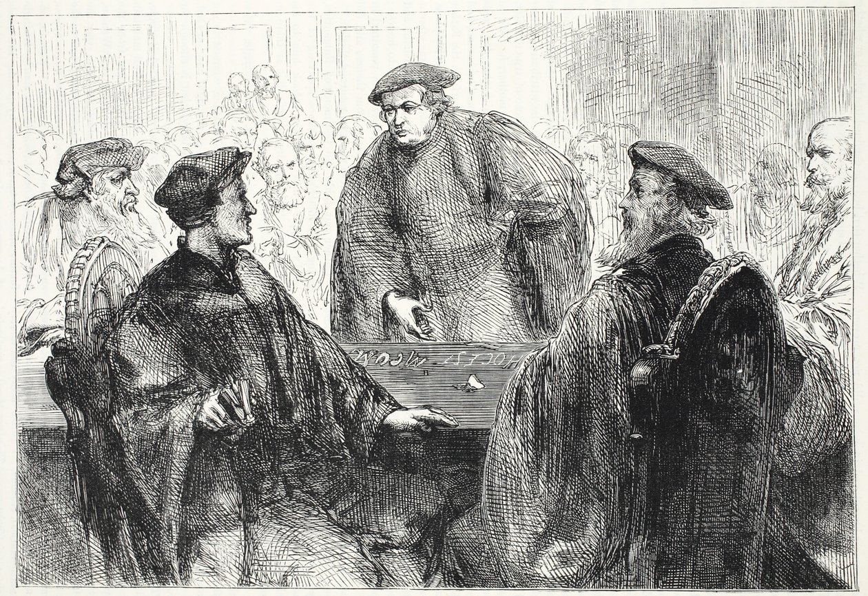 Luther und Zwingli diskutieren in Marburg, Illustration aus Die Geschichte des Protestantismus von James Aitken Wylie, veröffentlicht 1878 von English School
