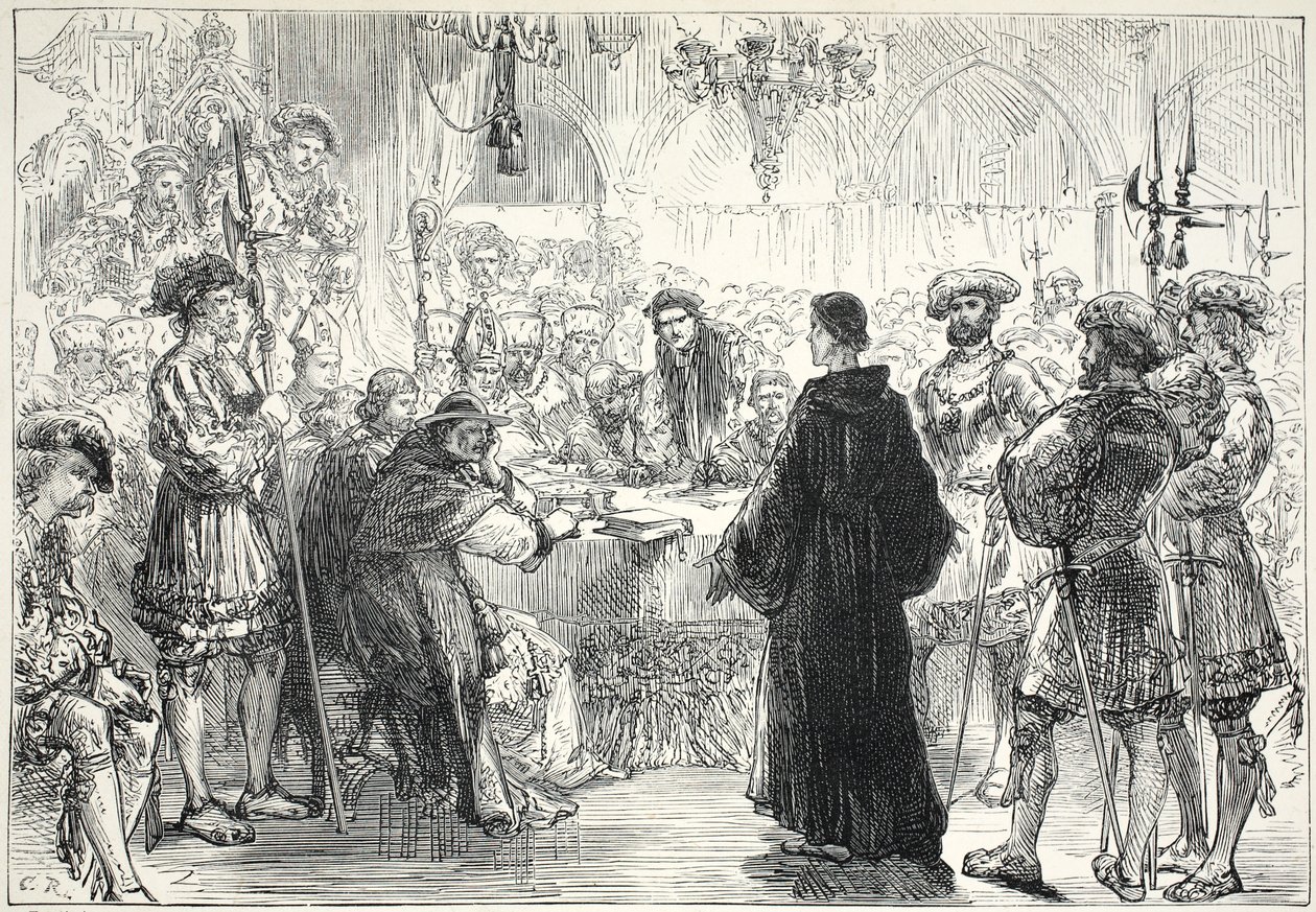Luther vor dem Reichstag zu Worms, Illustration aus Die Geschichte des Protestantismus von James Aitken Wylie (1808-1890), veröffentlicht 1878 von English School