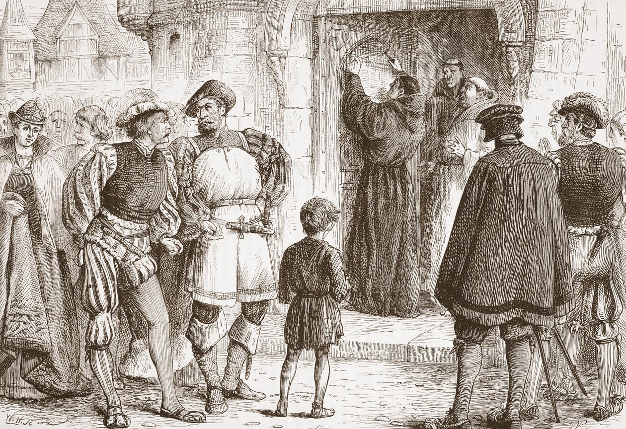 Luther nagelt seine Thesen an die Tür der Schlosskirche in Wittenberg, Illustration aus Die Geschichte des Protestantismus von James Aitken Wylie, veröffentlicht 1878 von English School