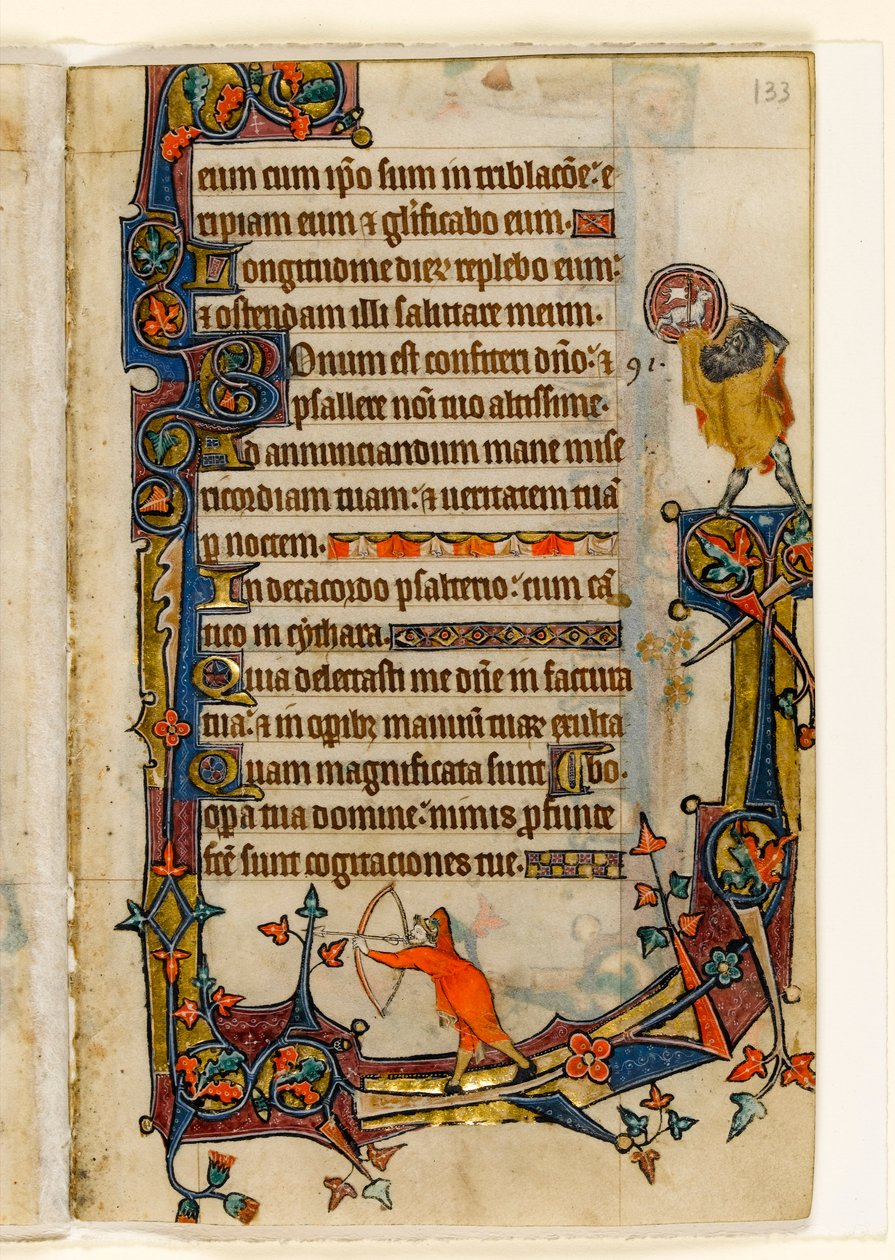 MS 1-2005, fol. 133r: Ein Bogenschütze und Johannes der Täufer, Randdekoration aus dem Macclesfield Psalter, Use of Sarum, Ostanglien, um 1330 von English School
