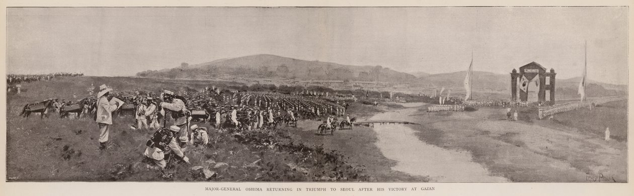 Generalmajor Oshima kehrt nach seinem Sieg bei Gazan triumphierend nach Seoul zurück von English School