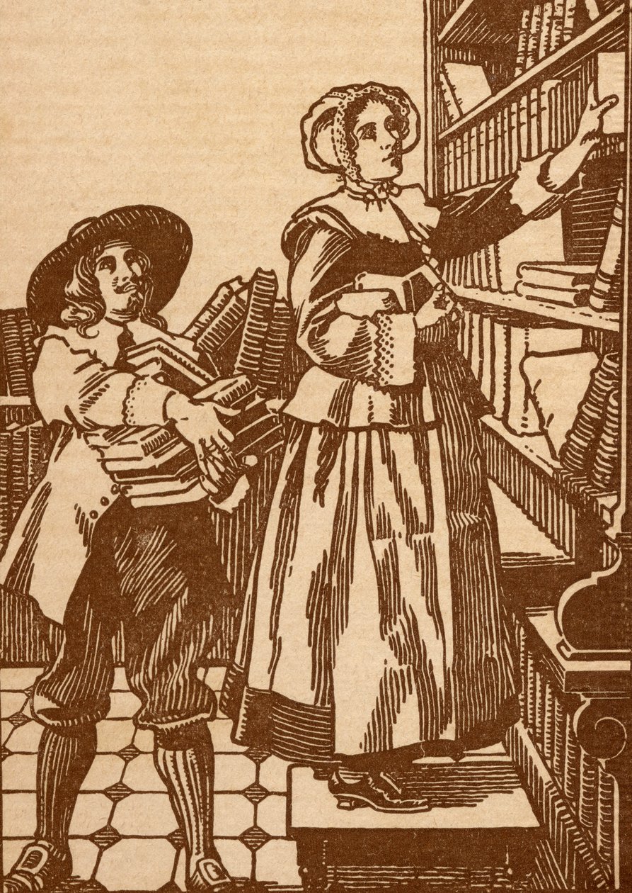 Männliche und weibliche Buchhändler, die in einer Buchhandlung des 17. Jahrhunderts arbeiten von English School