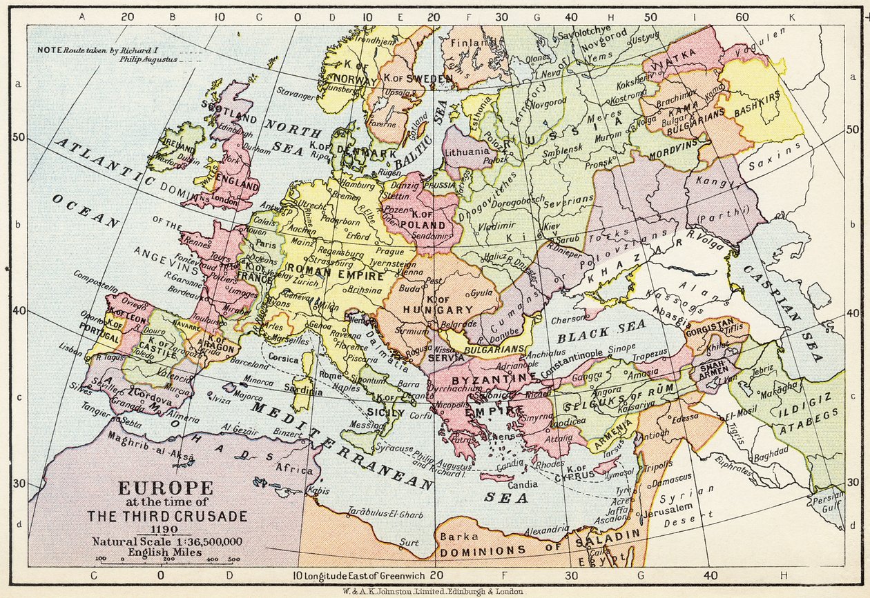 Karte von Europa zur Zeit des Dritten Kreuzzugs, 1190, aus 
