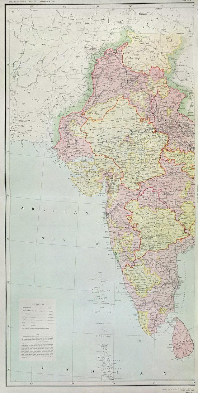 Karte von Indien, veröffentlicht unter der Leitung von Oberst H.R. Thuillier, R.E., Generalvermesser von Indien, 1877 von English School