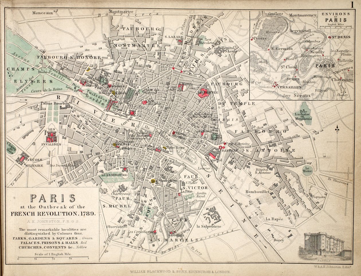 Karte von Paris beim Ausbruch der Französischen Revolution, 1789 von English School