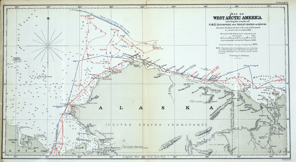 Karte von Westarktis Amerika, die die Routen der HMS Enterprise und Investigator in den Jahren 1850-1854 zeigt von English School