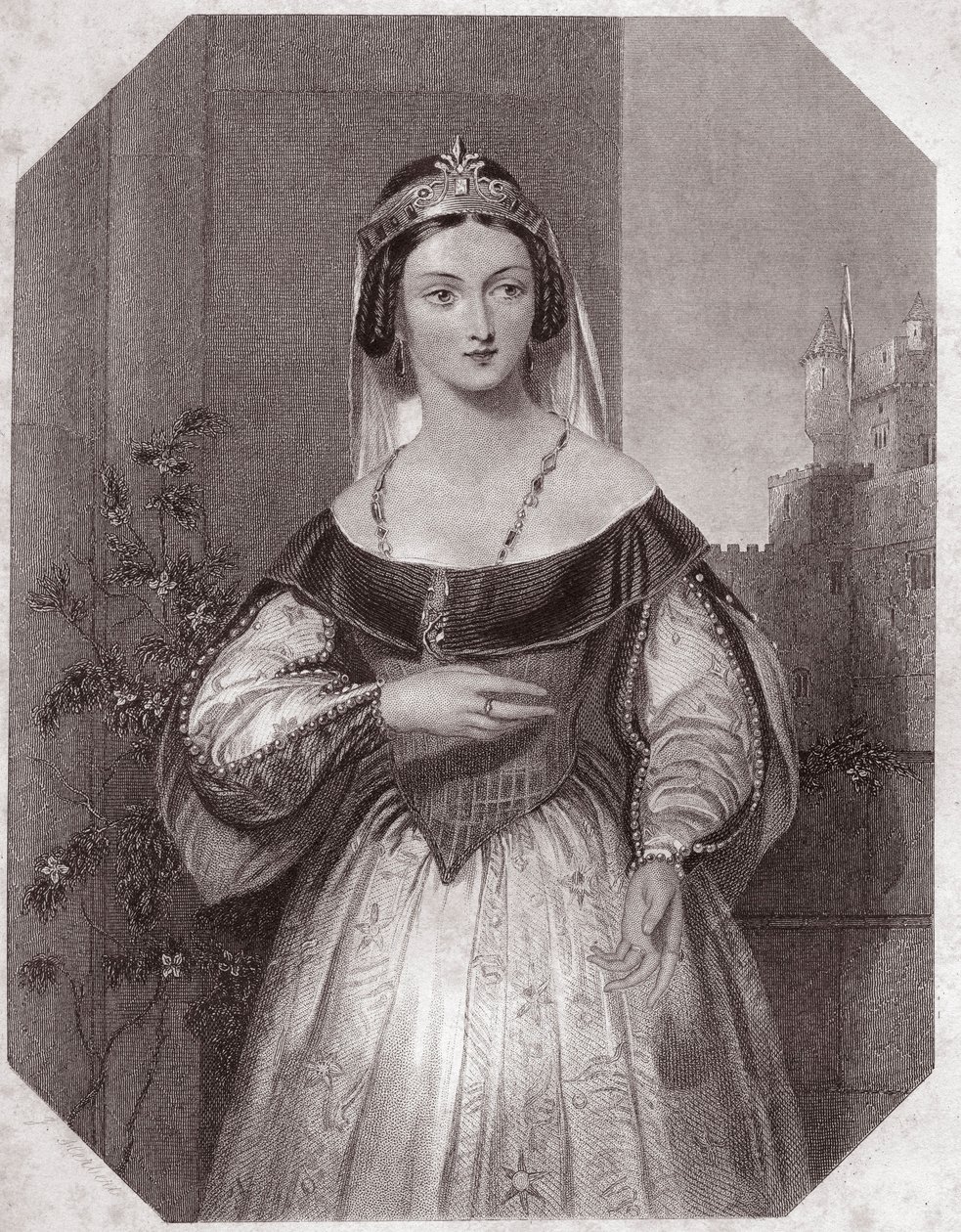 Margarete von Anjou (1430-1482) (Heinrich VI Tragödie in 5 Akten) in - „Galerie des femmes de Shakespeare, Sammlung von fünfundvierzig ernsten Porträts der ersten Künstler Londons, bereichert mit kritischen und literarischen Hinweisen“ um 1838 - aus „Galle von English School