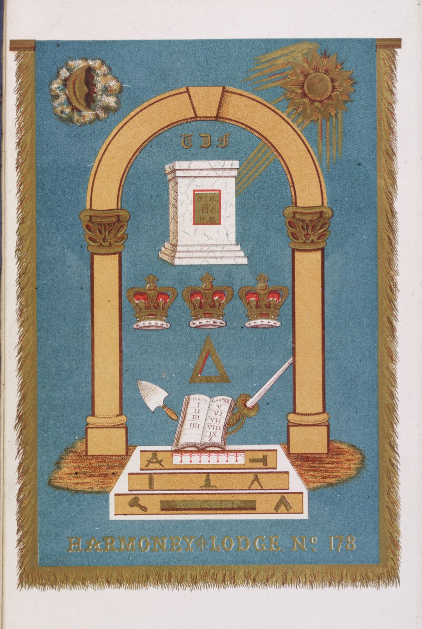 Freimaurerloge-Emblem mit Säulen und verschiedenen Symbolen von English School