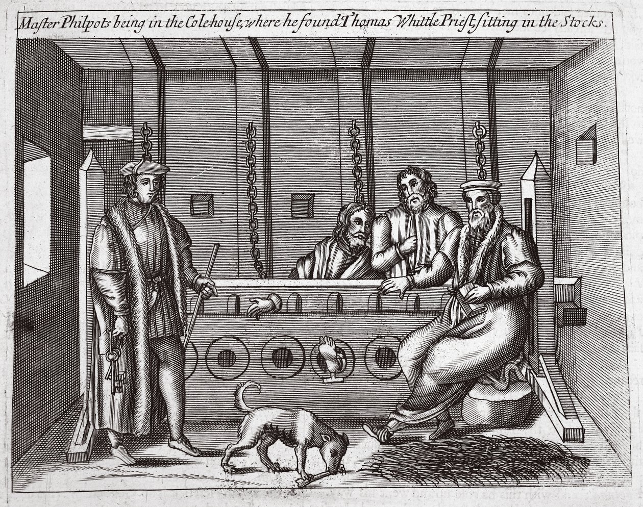 Meister Philpots im Kohlenhaus, wo er Thomas Whittle, Priester, in den Stocks sitzend fand, Illustration aus Acts and Monuments von John Foxe, neunte Ausgabe, veröffentlicht 1684 von English School