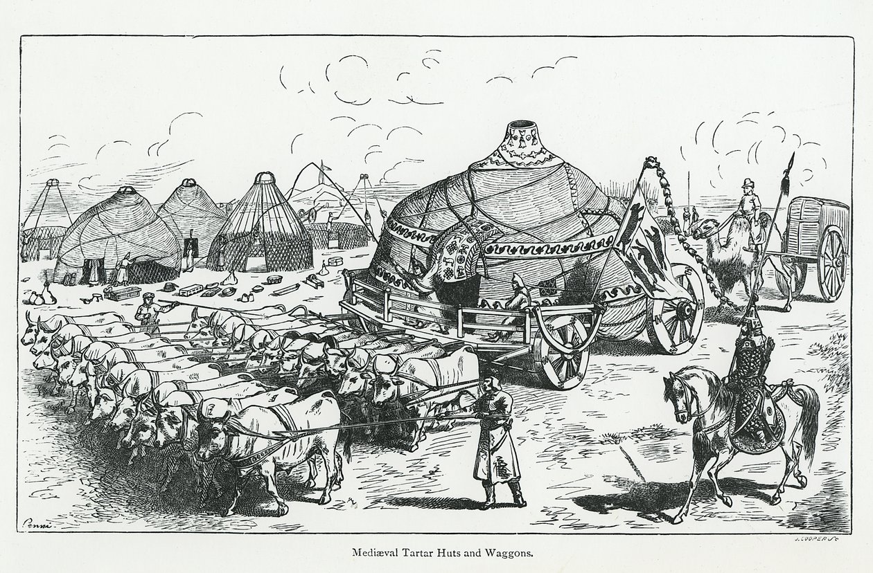 Mittelalterliche Tartarenzelte und Wagen von English School