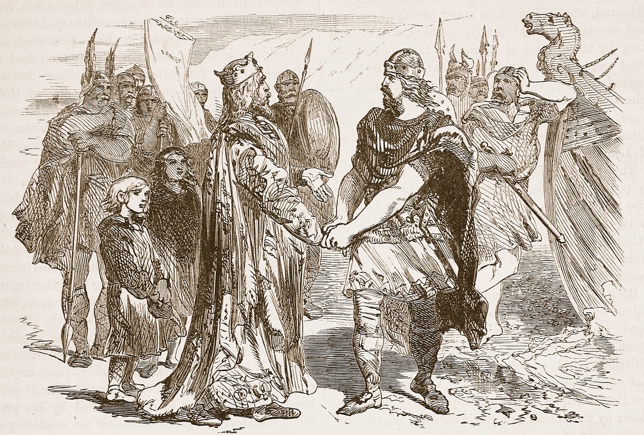 Treffen von Edmund Ironside und Canute auf der Insel Alney im Severn im Jahr 1016, Illustration aus Cassells Illustrierter Geschichte Englands von English School