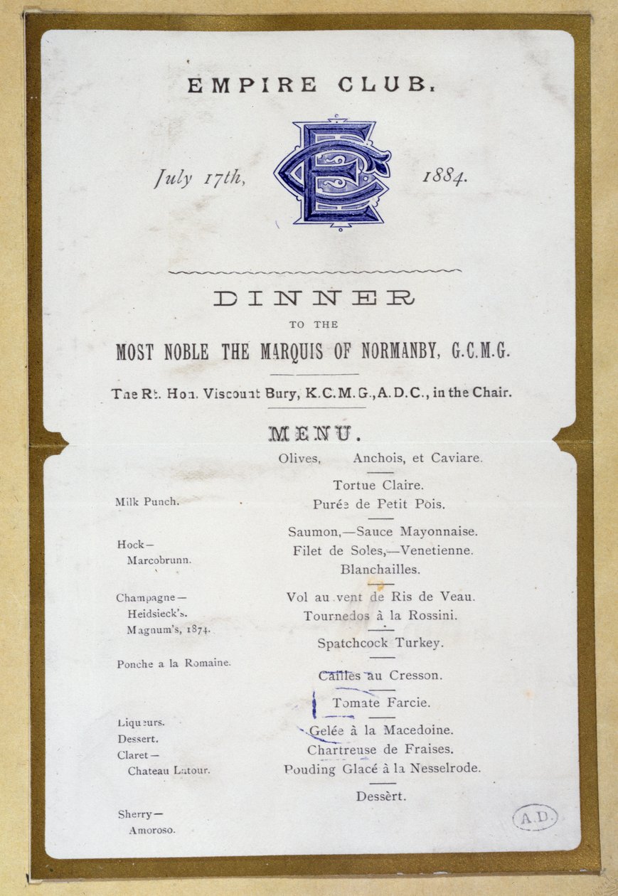 Menü vom Empire Club, 17. März 1884 von English School