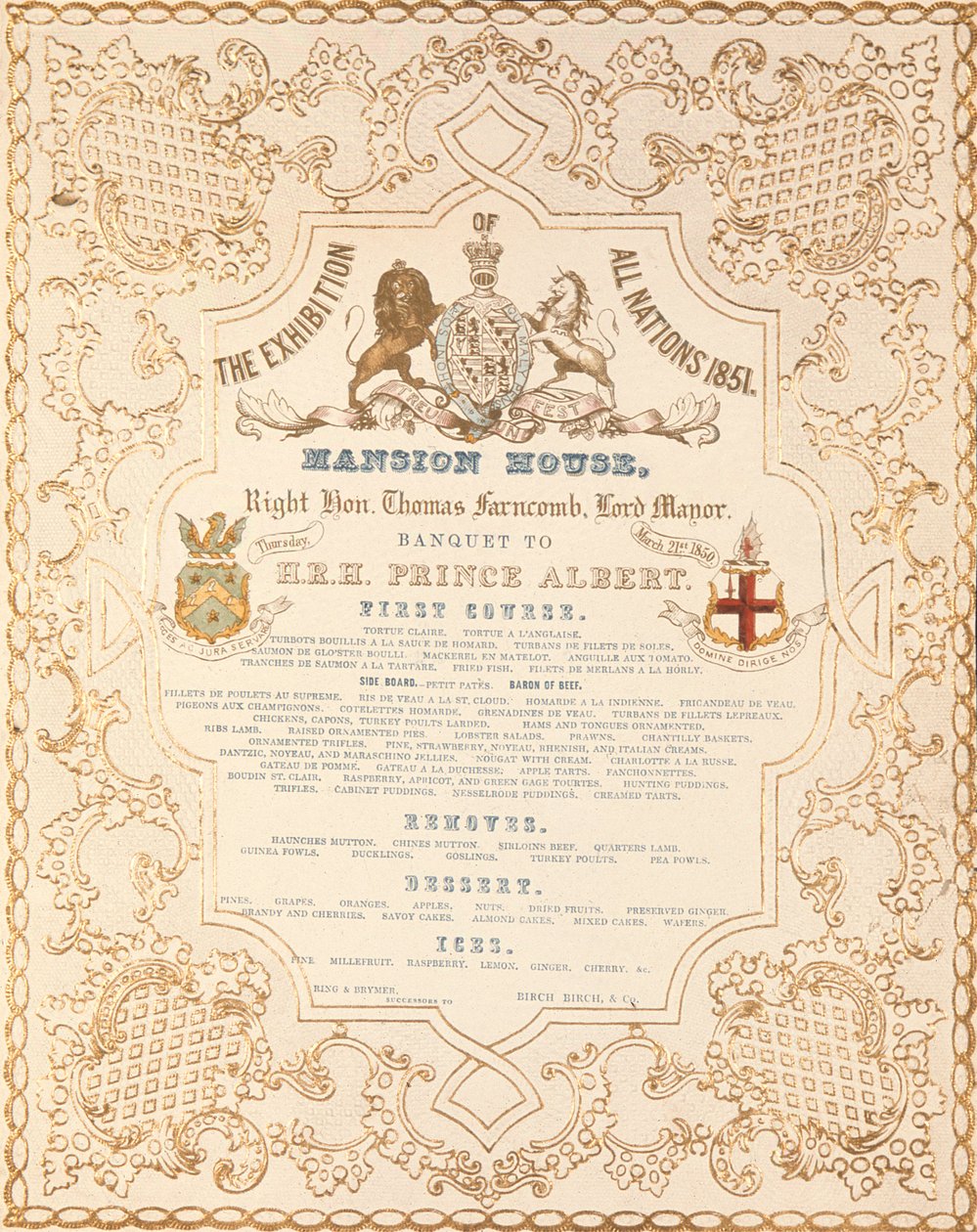 Menü des Banketts für Prinz Albert im Mansion House, zur Feier der Großen Ausstellung aller Nationen, London, 1851 von English School