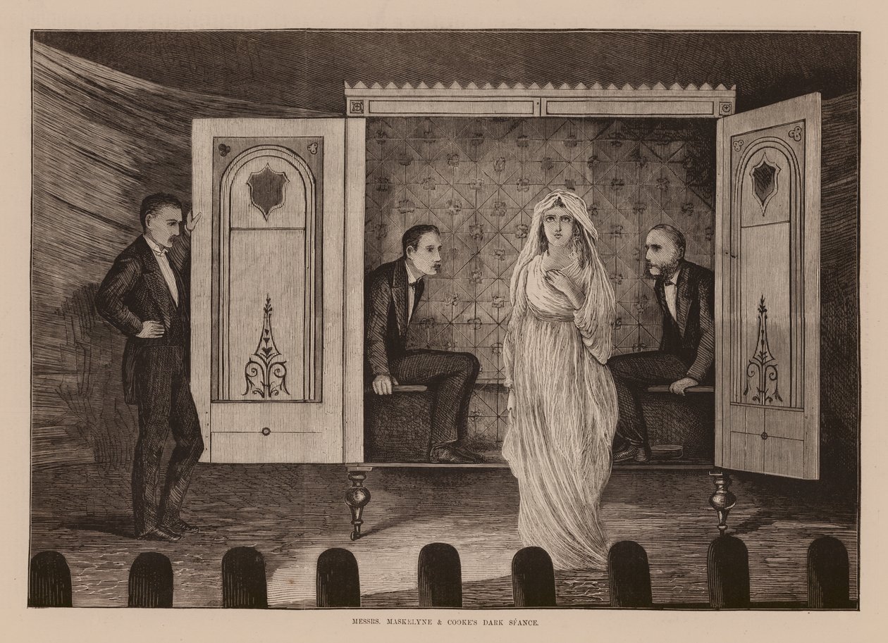 Messrs, Maskelyne und Cookes Dunkle Séance (Gravur) von English School