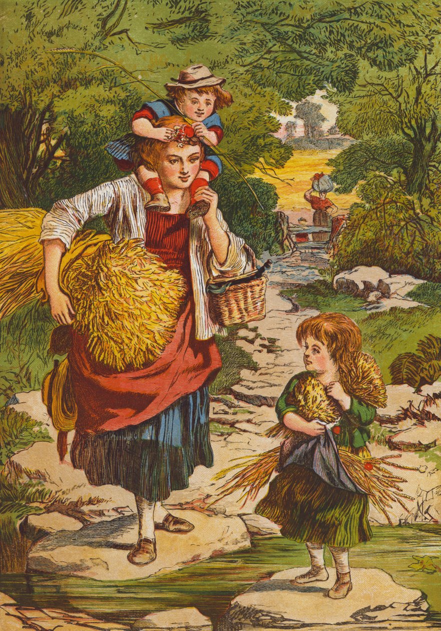 Mutter und Kinder kehren von der Ernte zurück von English School