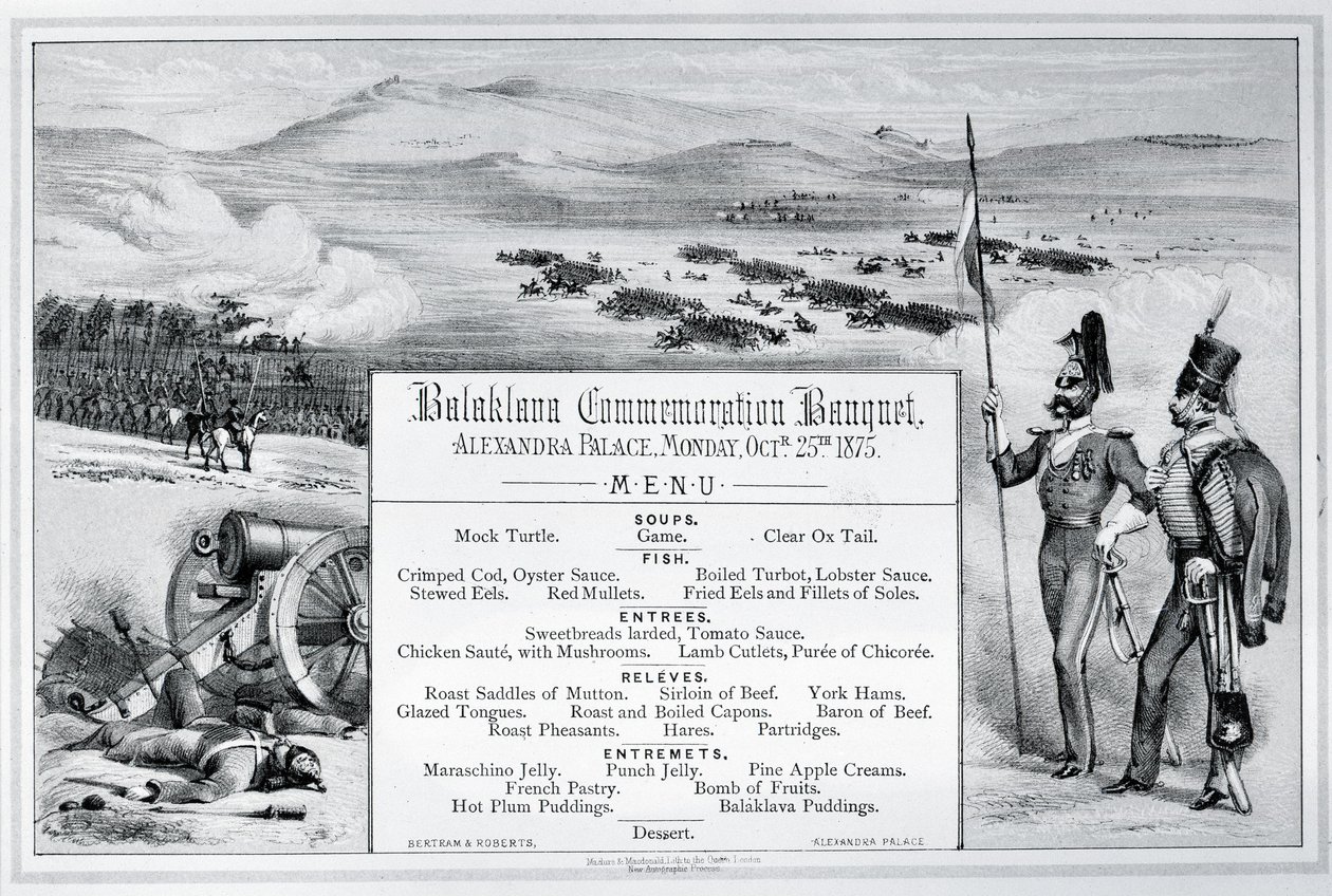 Montiertes illustriertes Menü für das Balaklava-Gedenkbankett im Alexandra Palace, 25. Oktober 1875 (Gravur) von English School