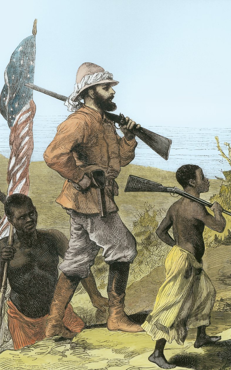 Henry Morton Stanley (1841-1904) nähert sich dem Tanganjikasee (spätere Kolorierung) von English School