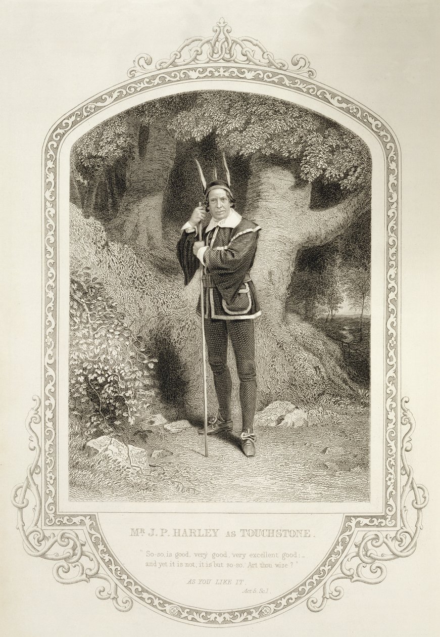 Mr. J.P. Harley als Narr, Akt V Szene 1, in Wie es euch gefällt von William Shakespeare (1564-1616), graviert von George Hollis (1792-1842) nach einem Daguerreotyp von J.P. Mayall (1810-1901) von English School