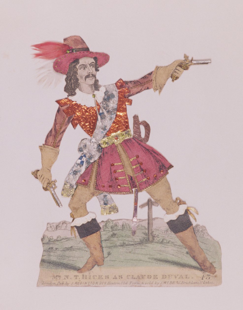 Herr N.T. Hicks in der Gestalt des französischen Straßenräubers Claude Duval (1643-70) (Gravur und Collage) von English School